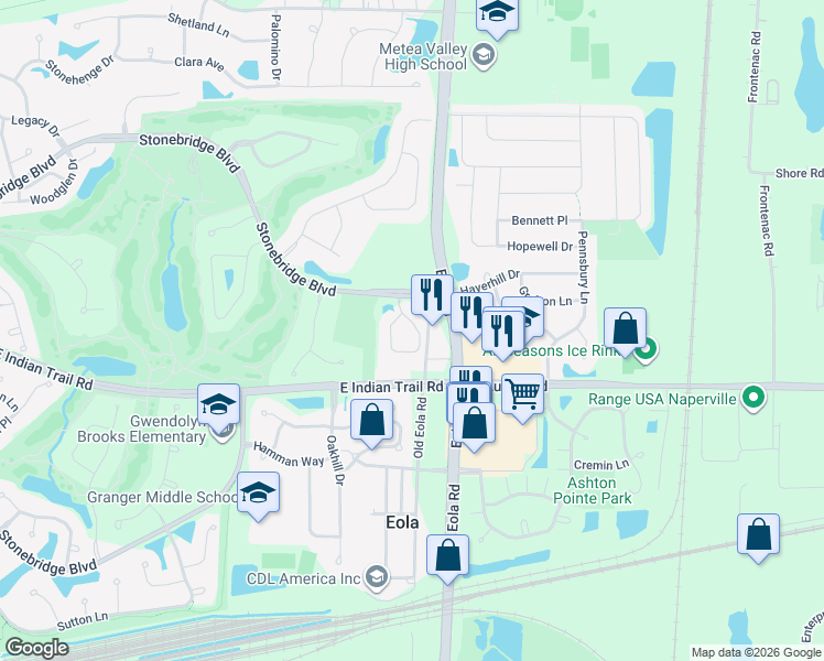 map of restaurants, bars, coffee shops, grocery stores, and more near 1238 Townes Circle in Aurora