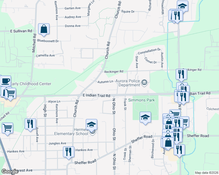 map of restaurants, bars, coffee shops, grocery stores, and more near 1001 Apple Court in Aurora