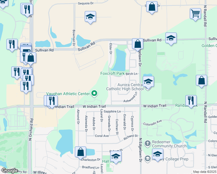 map of restaurants, bars, coffee shops, grocery stores, and more near 1205 Foxcroft Drive in Aurora