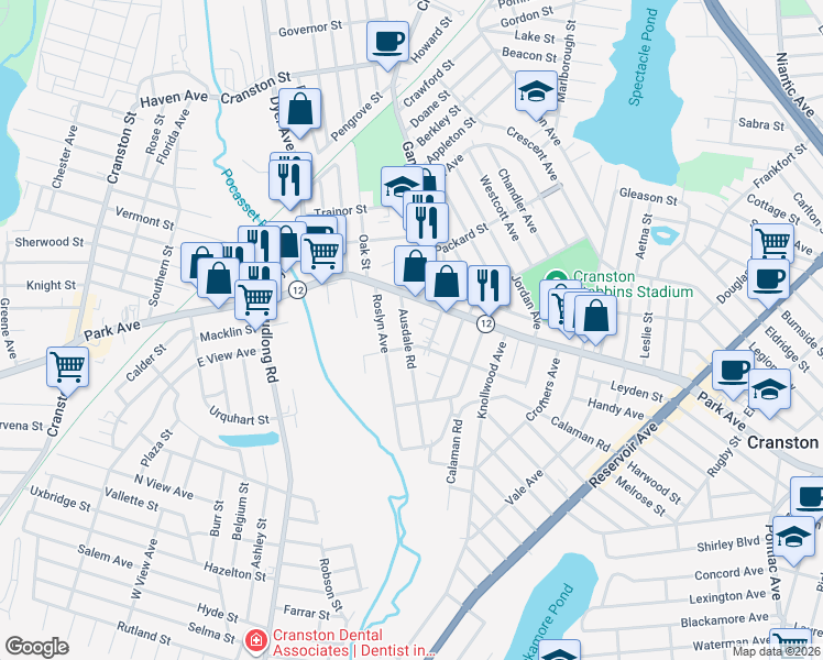 map of restaurants, bars, coffee shops, grocery stores, and more near 93 Roslyn Avenue in Cranston