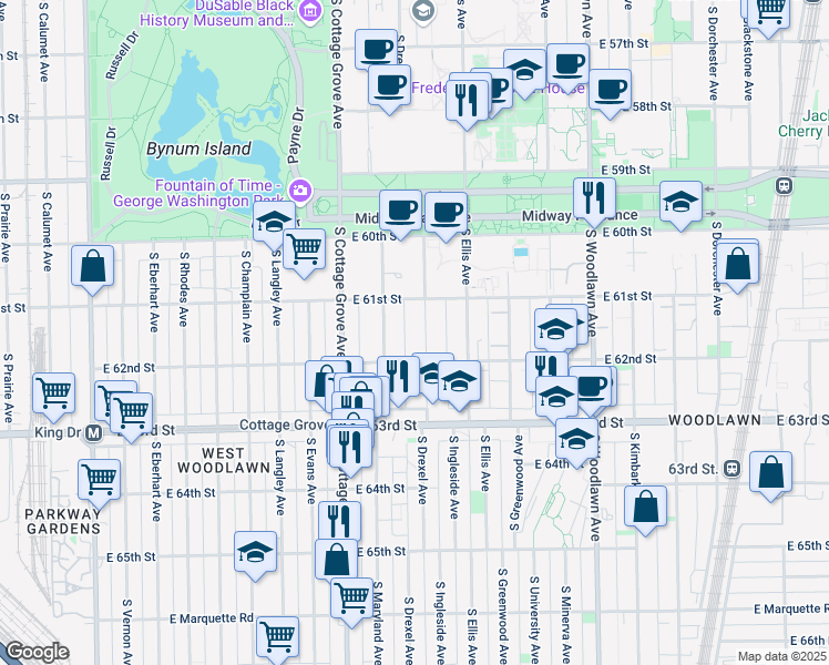 map of restaurants, bars, coffee shops, grocery stores, and more near 6132 South Ingleside Avenue in Chicago