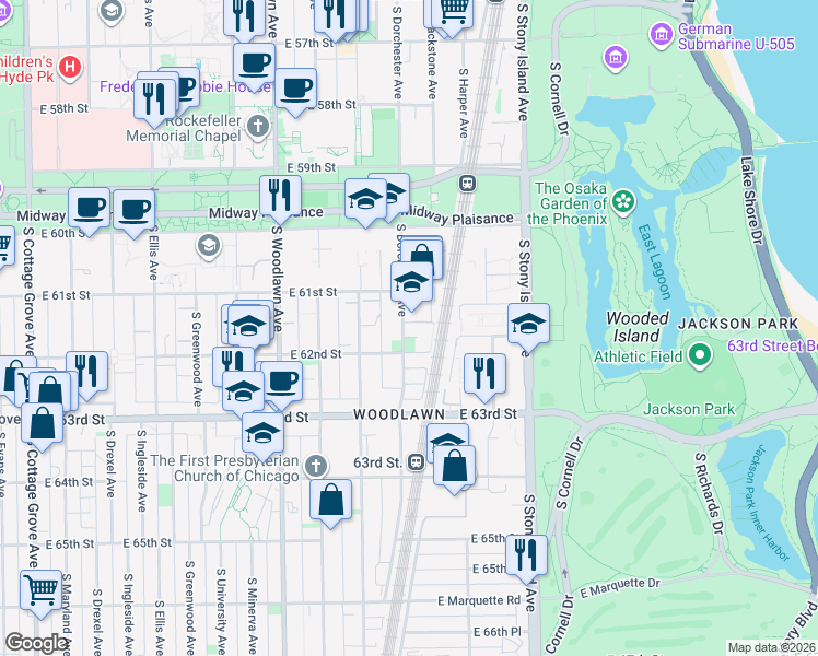 map of restaurants, bars, coffee shops, grocery stores, and more near 6135 South Dorchester Avenue in Chicago