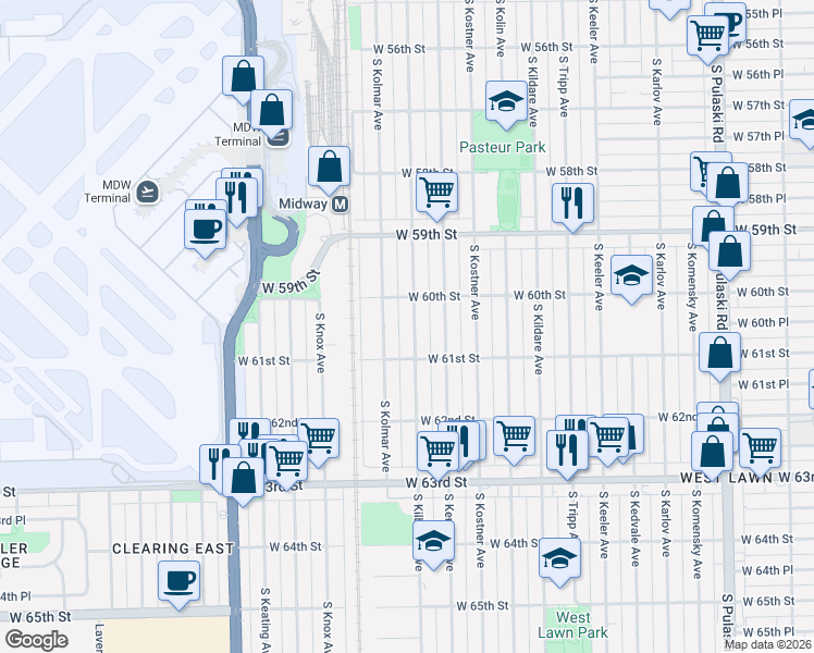 map of restaurants, bars, coffee shops, grocery stores, and more near 6053 South Kilbourn Avenue in Chicago