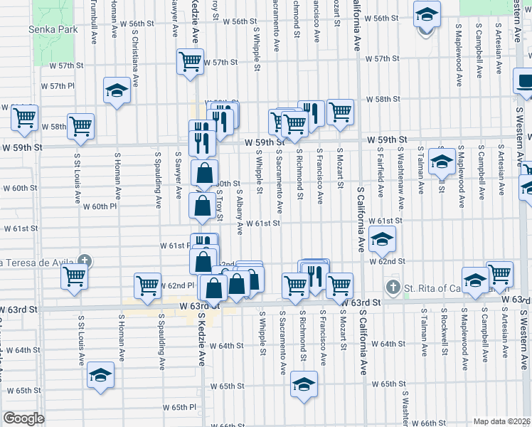 map of restaurants, bars, coffee shops, grocery stores, and more near 3015 West 61st Street in Chicago
