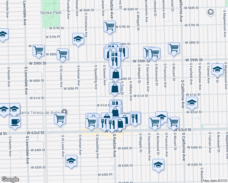 map of restaurants, bars, coffee shops, grocery stores, and more near 6104 South Kedzie Avenue in Chicago