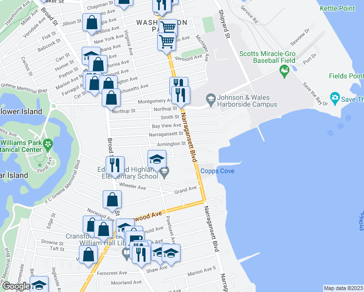 map of restaurants, bars, coffee shops, grocery stores, and more near 41 Central Street in Cranston