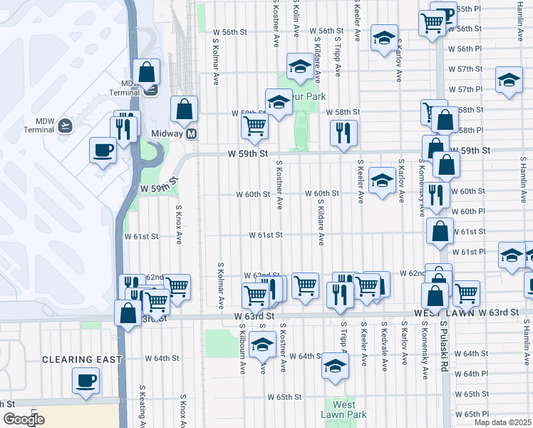 map of restaurants, bars, coffee shops, grocery stores, and more near 6049 South Kenneth Avenue in Chicago