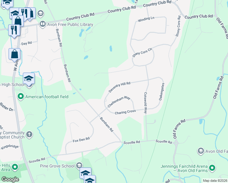 map of restaurants, bars, coffee shops, grocery stores, and more near 30 Cheltenham Way in Avon