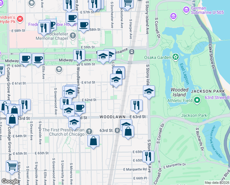 map of restaurants, bars, coffee shops, grocery stores, and more near 6135 South Dorchester Avenue in Chicago