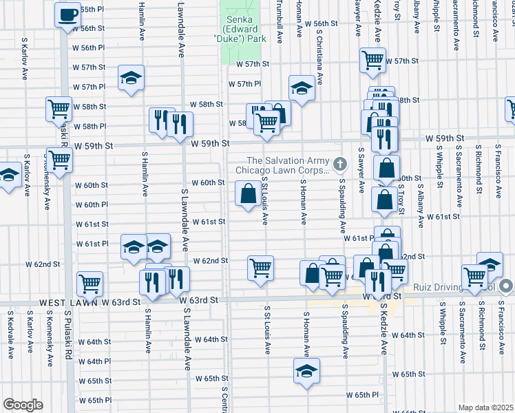 map of restaurants, bars, coffee shops, grocery stores, and more near 3514 West 61st Street in Chicago