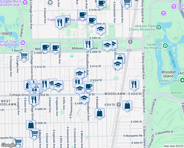 map of restaurants, bars, coffee shops, grocery stores, and more near 1210 East 62nd Street in Chicago
