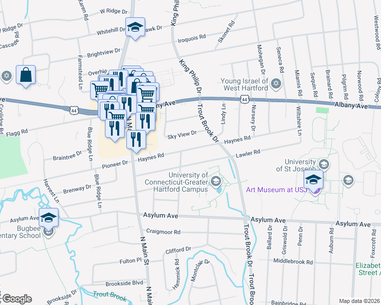 map of restaurants, bars, coffee shops, grocery stores, and more near 94 Lawler Road in West Hartford