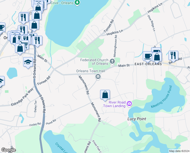 map of restaurants, bars, coffee shops, grocery stores, and more near 3 River Road in Orleans