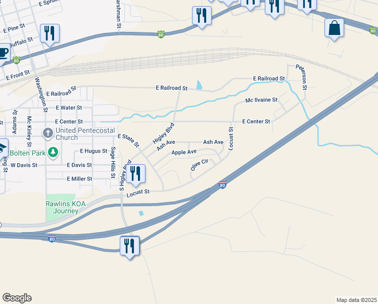 map of restaurants, bars, coffee shops, grocery stores, and more near Apple Avenue in Rawlins