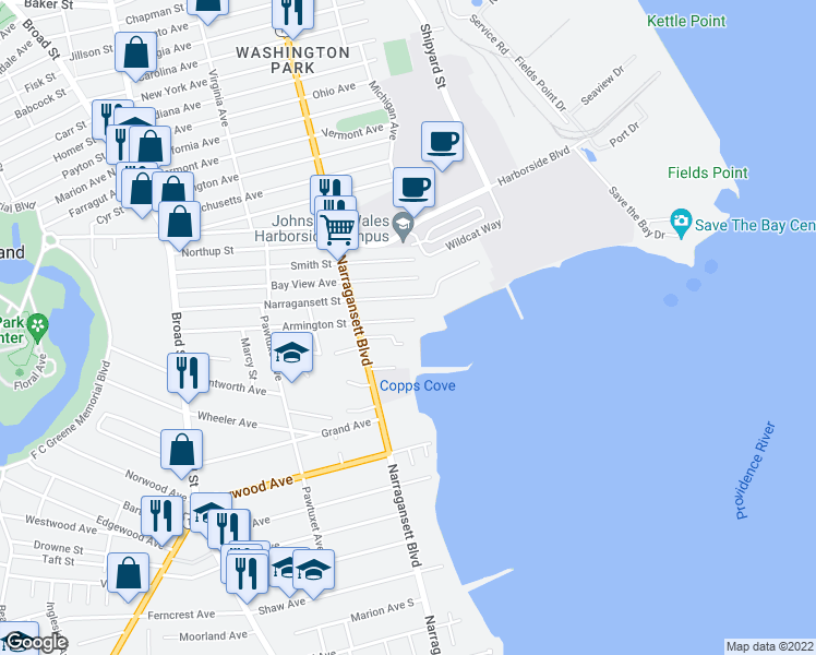 map of restaurants, bars, coffee shops, grocery stores, and more near 1128 Narragansett Boulevard in Cranston