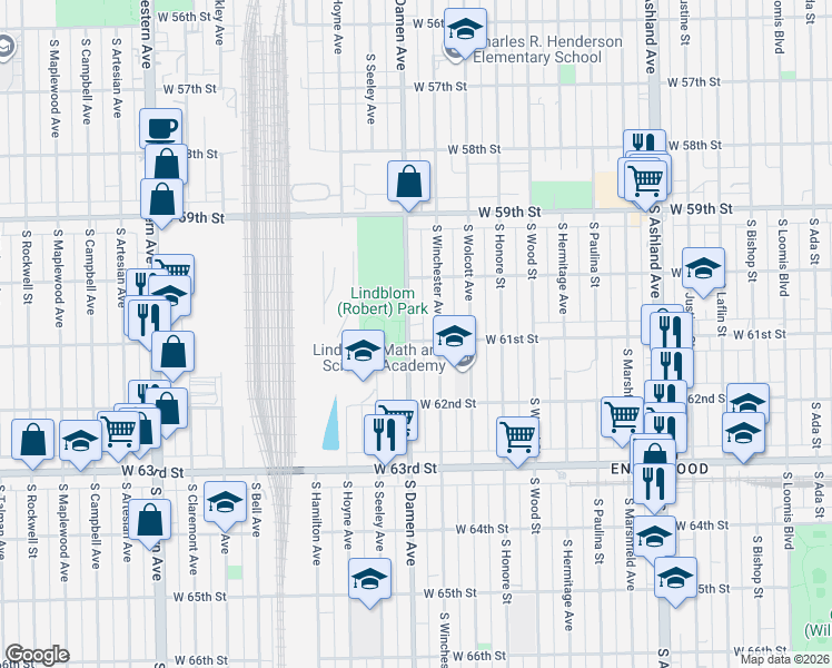 map of restaurants, bars, coffee shops, grocery stores, and more near 6117 South Damen Avenue in Chicago