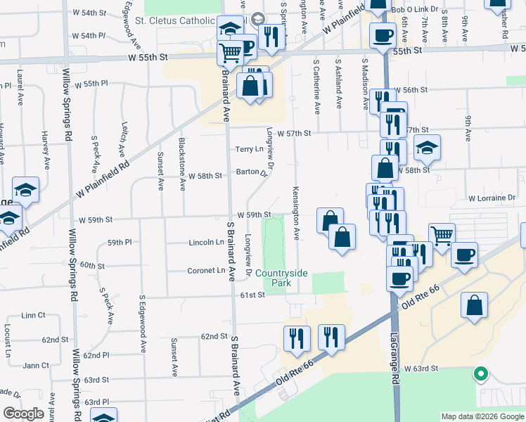 map of restaurants, bars, coffee shops, grocery stores, and more near 5909 Longview Drive in Countryside