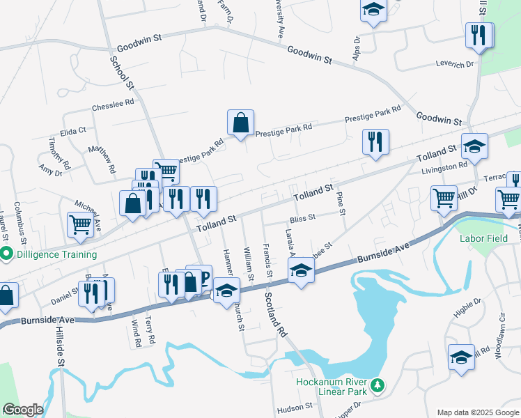 map of restaurants, bars, coffee shops, grocery stores, and more near 592 Tolland Street in East Hartford