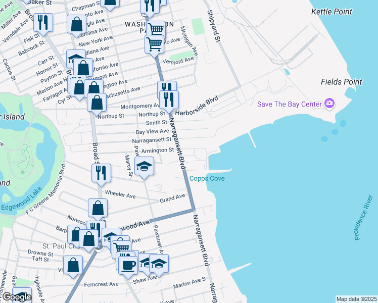 map of restaurants, bars, coffee shops, grocery stores, and more near 1141 Narragansett Boulevard in Cranston