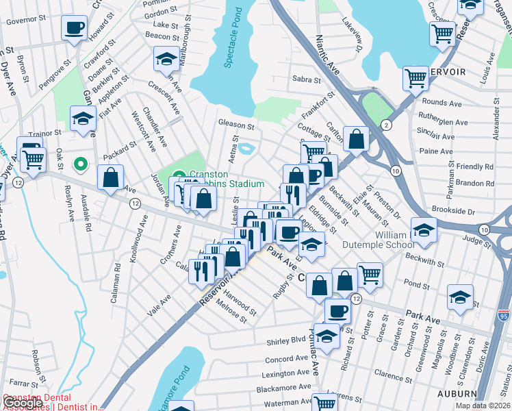 map of restaurants, bars, coffee shops, grocery stores, and more near 25 Pershing Street in Cranston