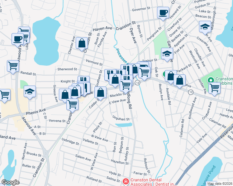 map of restaurants, bars, coffee shops, grocery stores, and more near 25 East View Avenue in Cranston
