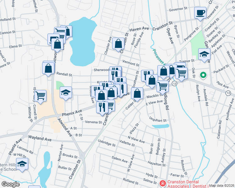 map of restaurants, bars, coffee shops, grocery stores, and more near 1484 Park Avenue in Cranston
