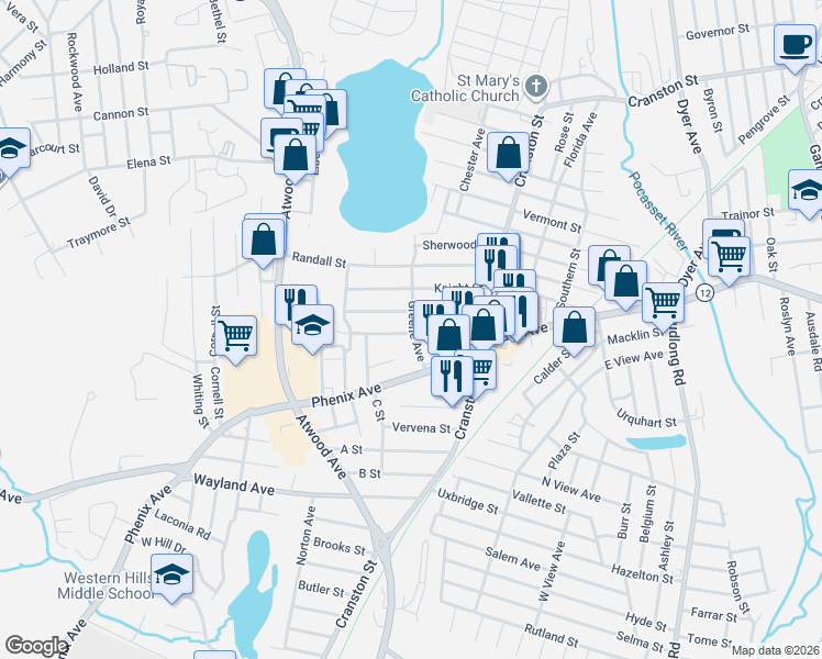 map of restaurants, bars, coffee shops, grocery stores, and more near 16 Greene Avenue in Cranston