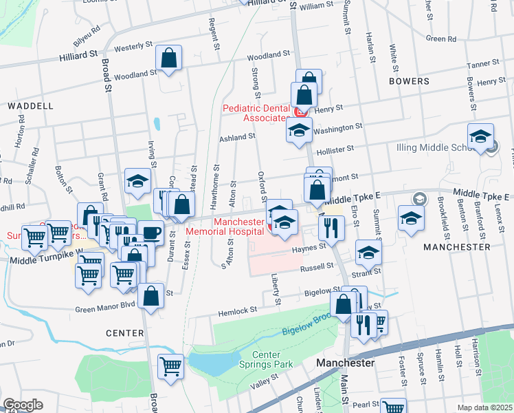 map of restaurants, bars, coffee shops, grocery stores, and more near 74 Middle Turnpike East in Manchester