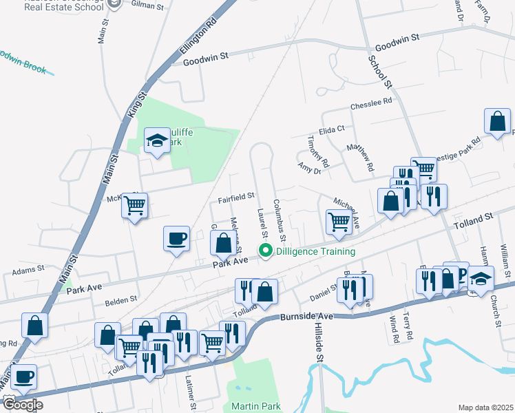 map of restaurants, bars, coffee shops, grocery stores, and more near 41 Laurel Street in East Hartford