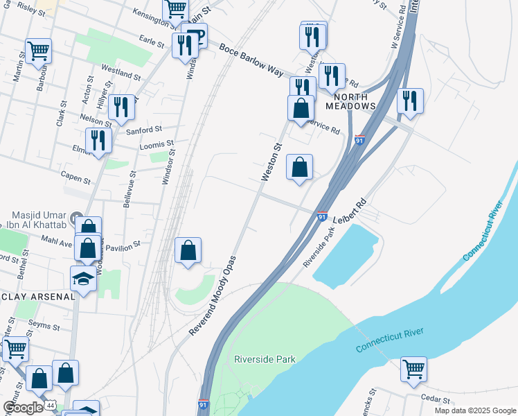 map of restaurants, bars, coffee shops, grocery stores, and more near 236 Reverend Moody Overpass in Hartford