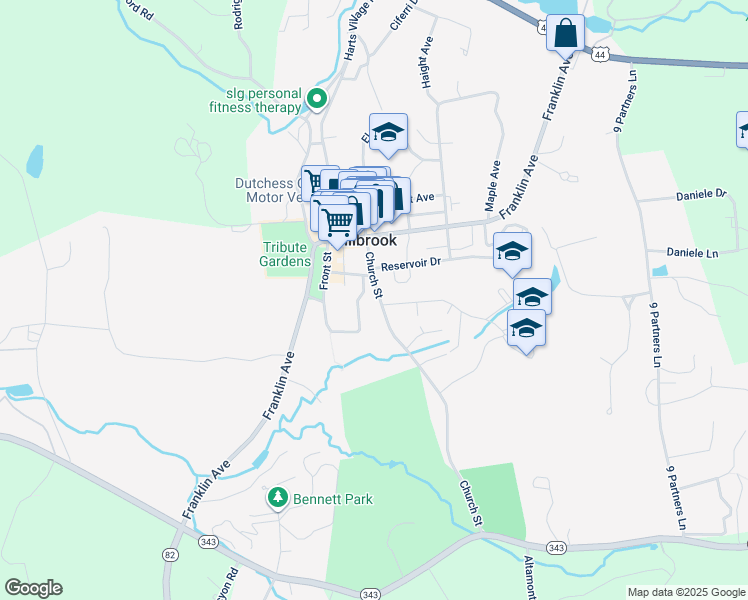 map of restaurants, bars, coffee shops, grocery stores, and more near 109-111 Church Street in Millbrook