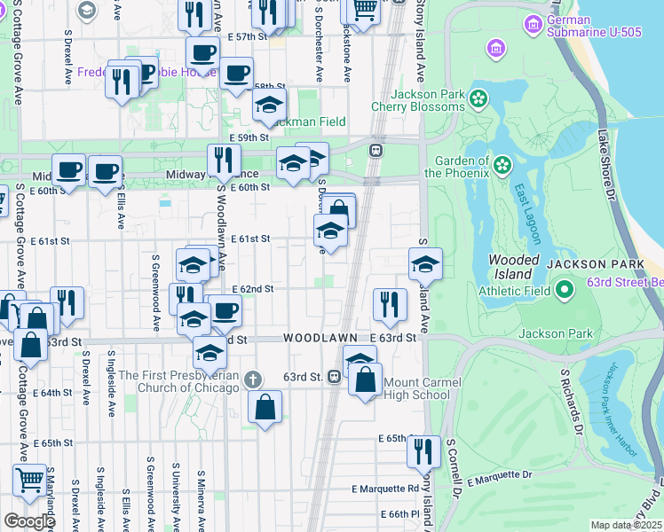 map of restaurants, bars, coffee shops, grocery stores, and more near 6143 South Dorchester Avenue in Chicago