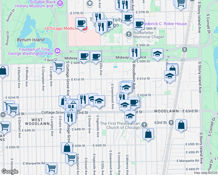 map of restaurants, bars, coffee shops, grocery stores, and more near 6158 South Greenwood Avenue in Chicago