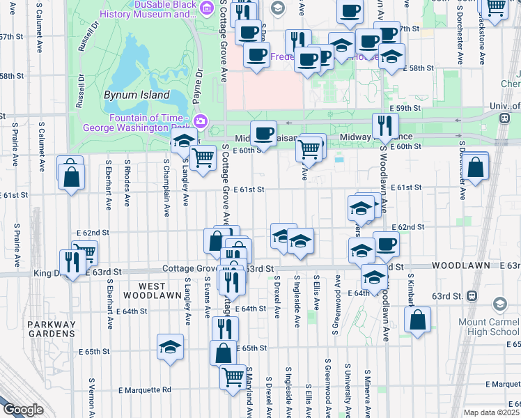 map of restaurants, bars, coffee shops, grocery stores, and more near 6140 South Drexel Avenue in Chicago