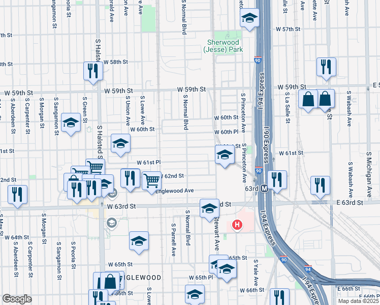 map of restaurants, bars, coffee shops, grocery stores, and more near 6151 South Normal Boulevard in Chicago