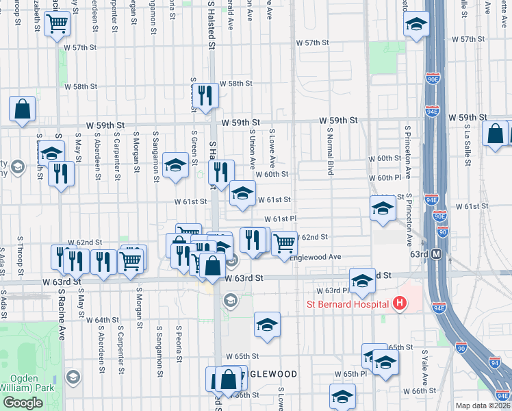 map of restaurants, bars, coffee shops, grocery stores, and more near 651 West 61st Place in Chicago
