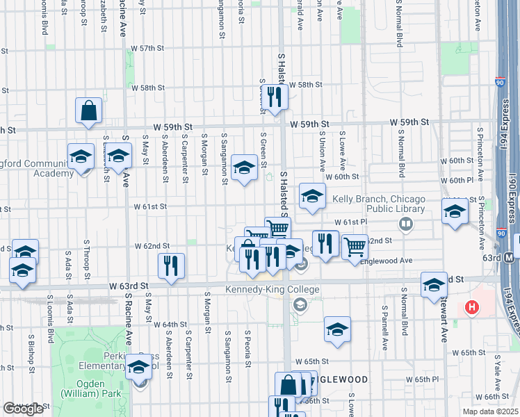 map of restaurants, bars, coffee shops, grocery stores, and more near 6126 South Green Street in Chicago
