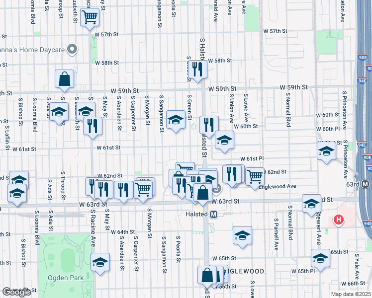 map of restaurants, bars, coffee shops, grocery stores, and more near 6126 South Green Street in Chicago