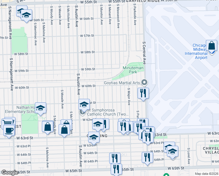 map of restaurants, bars, coffee shops, grocery stores, and more near 6031 South Menard Avenue in Chicago
