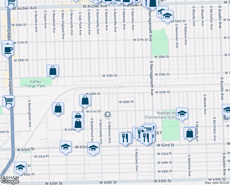 map of restaurants, bars, coffee shops, grocery stores, and more near 6554 West 60th Place in Chicago