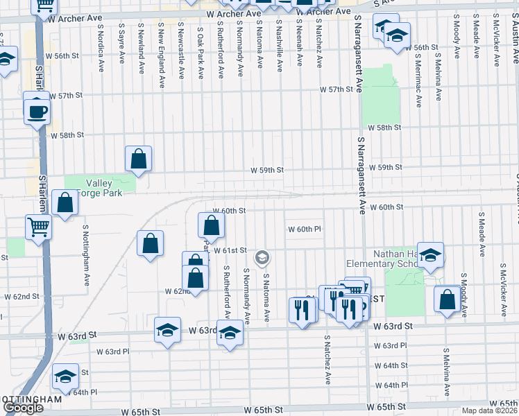 map of restaurants, bars, coffee shops, grocery stores, and more near 6017 South Natoma Avenue in Chicago
