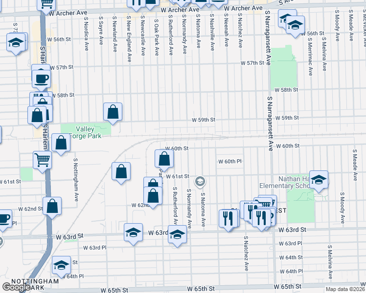 map of restaurants, bars, coffee shops, grocery stores, and more near 6018 South Normandy Avenue in Chicago