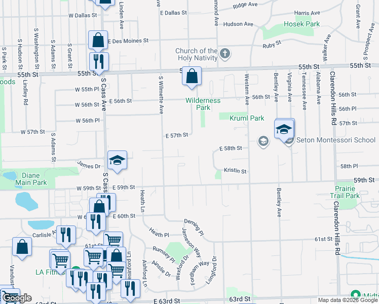 map of restaurants, bars, coffee shops, grocery stores, and more near 716 Fairfield Court in Westmont