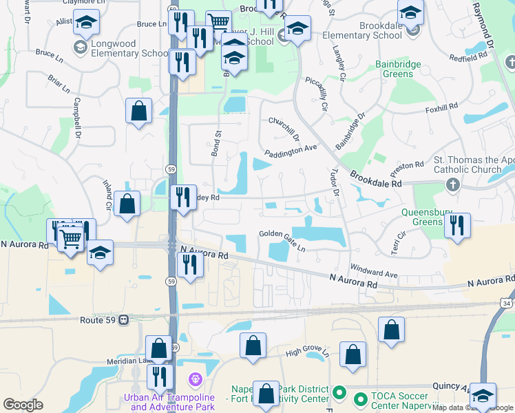 map of restaurants, bars, coffee shops, grocery stores, and more near 1836 Michigan Avenue in Naperville
