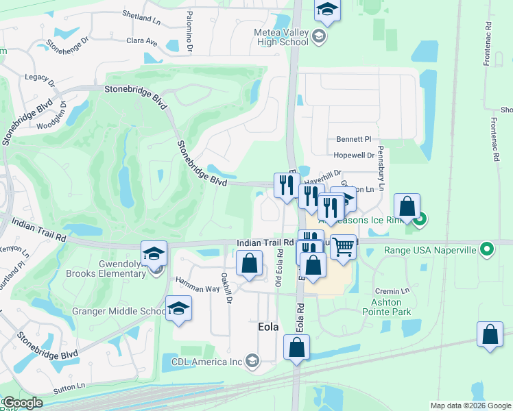 map of restaurants, bars, coffee shops, grocery stores, and more near 1227 Townes Circle in Aurora