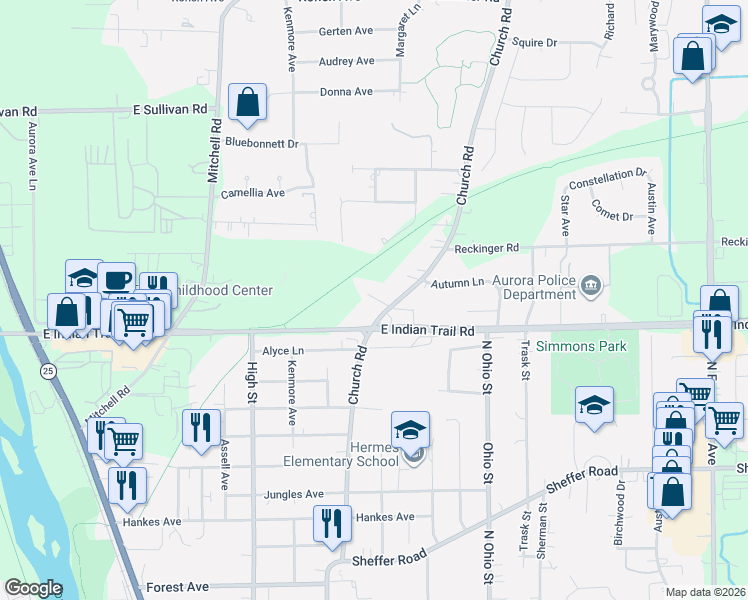 map of restaurants, bars, coffee shops, grocery stores, and more near 1211 Church Road in Aurora