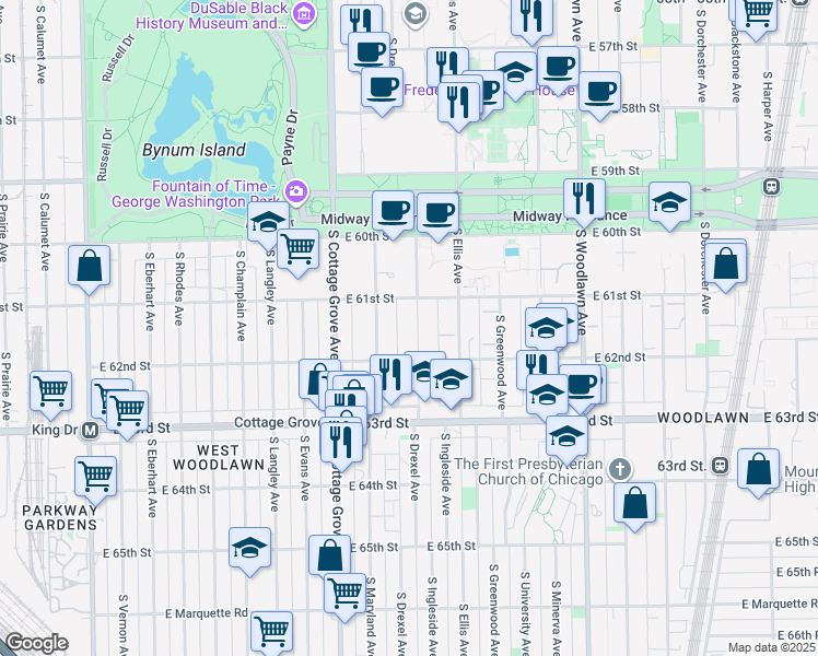 map of restaurants, bars, coffee shops, grocery stores, and more near 6152 South Ingleside Avenue in Chicago