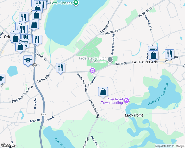map of restaurants, bars, coffee shops, grocery stores, and more near 3 River Road in Orleans