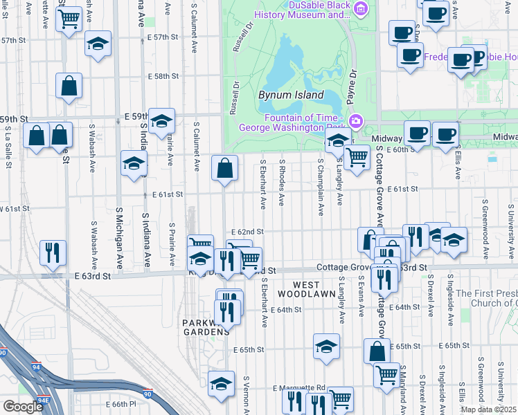 map of restaurants, bars, coffee shops, grocery stores, and more near 6120 South Eberhart Avenue in Chicago