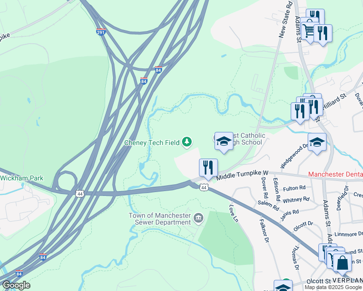 map of restaurants, bars, coffee shops, grocery stores, and more near 791 Middle Turnpike West in Manchester